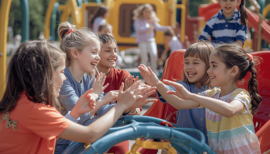 Deaf and Hearing Impaired children playing together in a playground, diverse group of children using sign language and playing on playground