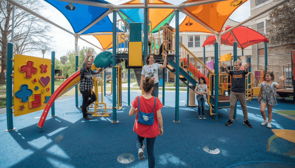 Designing for Deaf Users inclusive playground design for deaf users, featuring diverse children using sign language while playing on colorful accessible playground equipment, visual